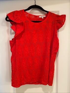 Madewell Red Eyelet Flutter Sleeve Top
